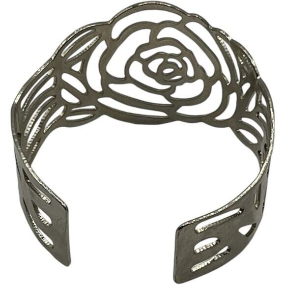 Floral Cutout Adjustable Cuff Bracelet Silver Tone - Picture 4 of 6